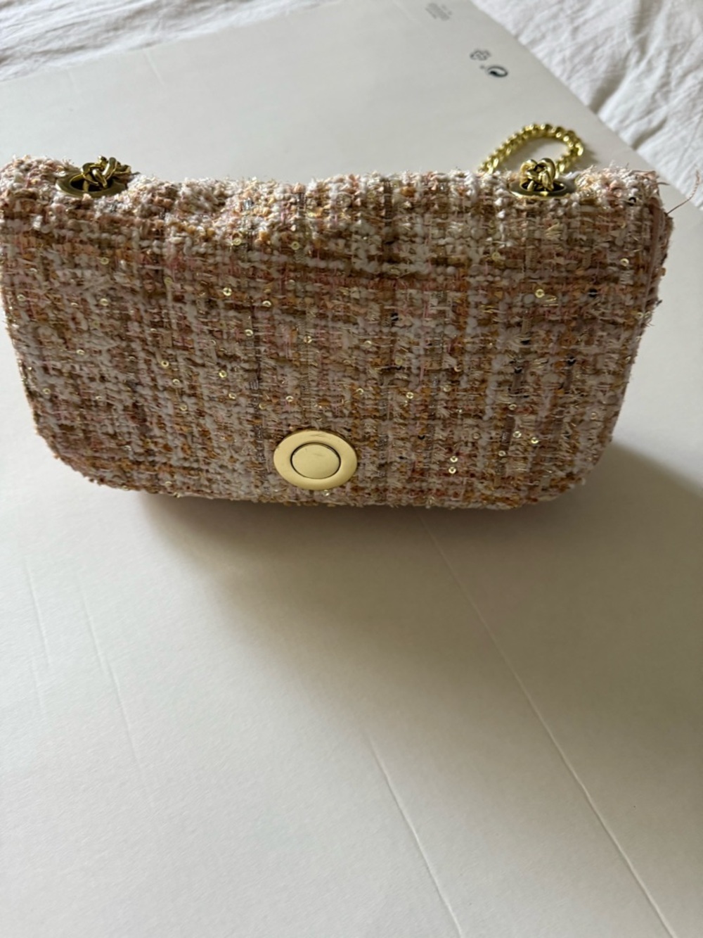 Zara Tweed Crossbody Bag - Blush Pink & Cream with Gold Hardware